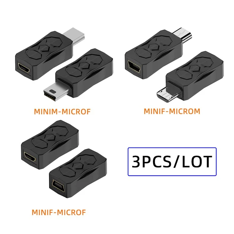 U2-006-MM 3Pcs Micro USB 2.0 to Mini USB 5Pin Male to Female Extension Data Power Adapter