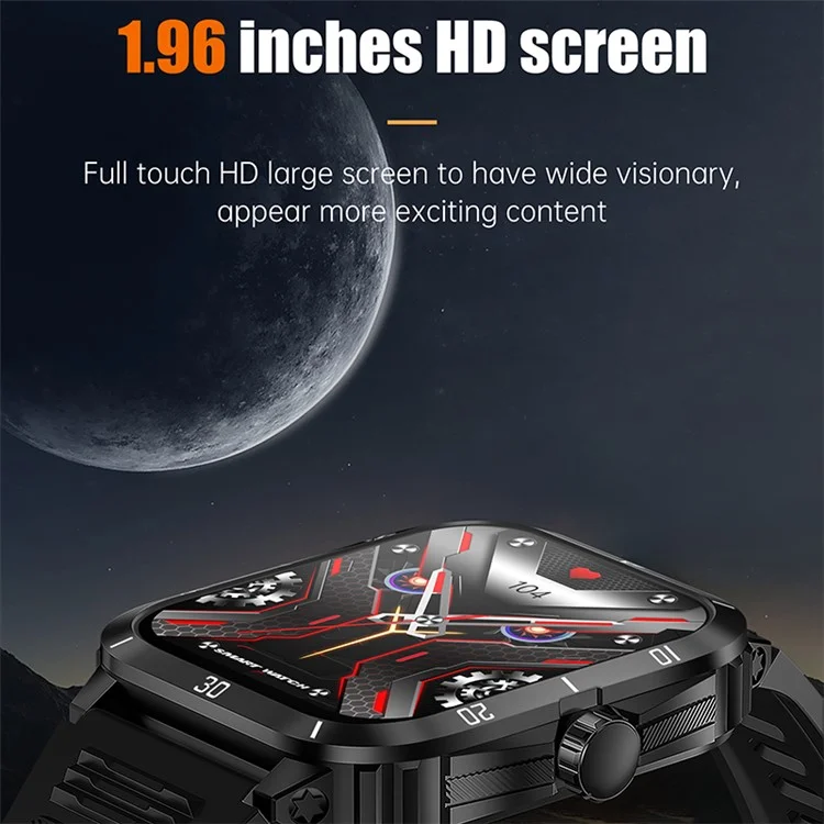 Montre connectée de sport outdoor étanche 3ATM KT71 avec écran de 1,96 pouces, appels Bluetooth et bracelet intelligent (application : DaFit) - Noir / Doré