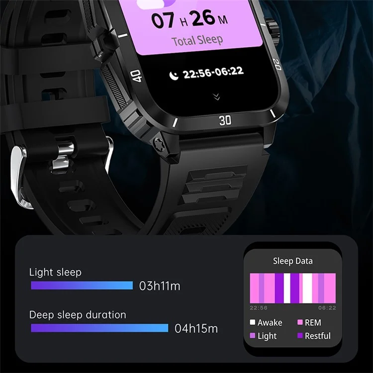 Montre connectée de sport outdoor étanche 3ATM KT71 avec écran de 1,96 pouces, appels Bluetooth et bracelet intelligent (application : DaFit) - Noir / Doré