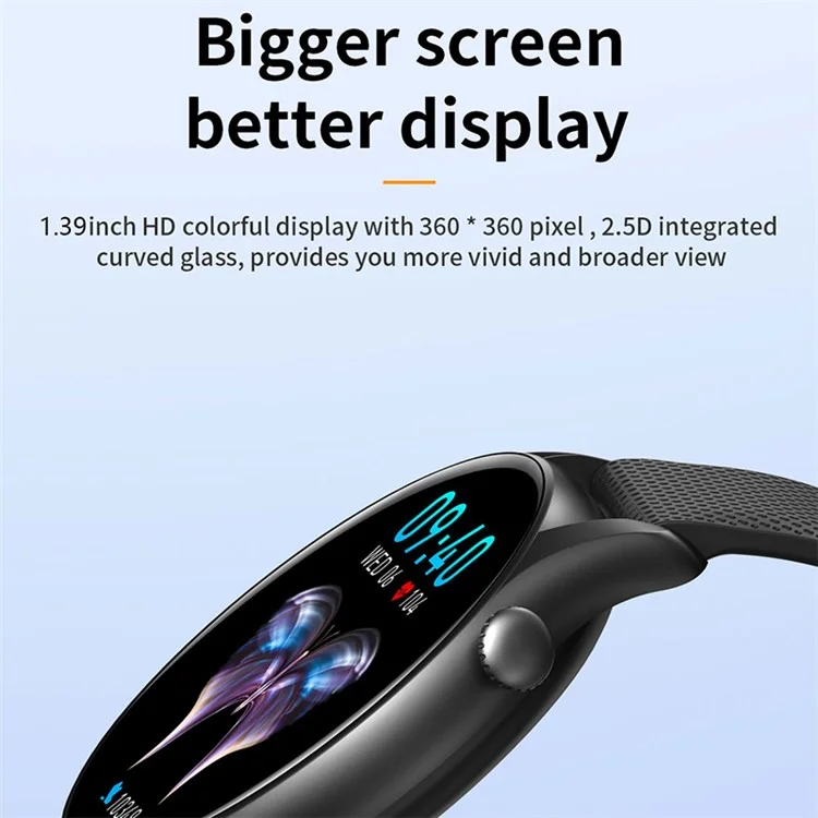 KT60 1.39-inch Fitness Tracker Bluetooth-compatible Call Voice Assistant Waterproof Smart Bracelet - Black