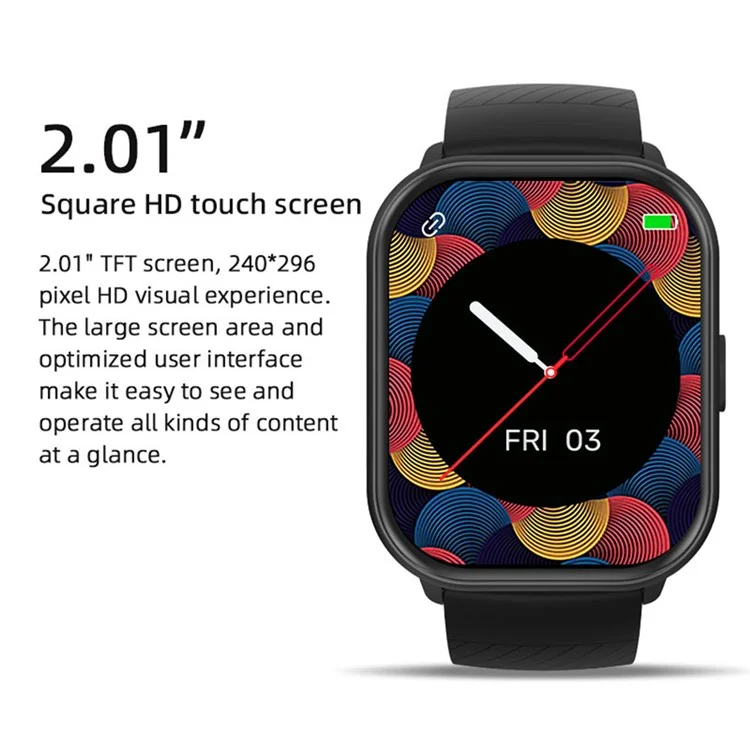 ZL99J 2,01 Zoll Quadrat-HD-Touchscreen-Sportuhr mit Herzfrequenzmonitor, Bluetooth-Anruf, Smartwatch - Schwarz