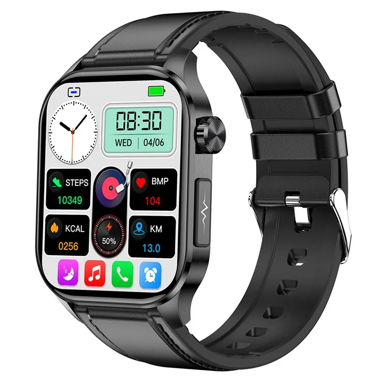 ET580 2.04" AMOLED Smart Watch Bluetooth Call ECG Health Bracelet, Lederarmband - Schwarz