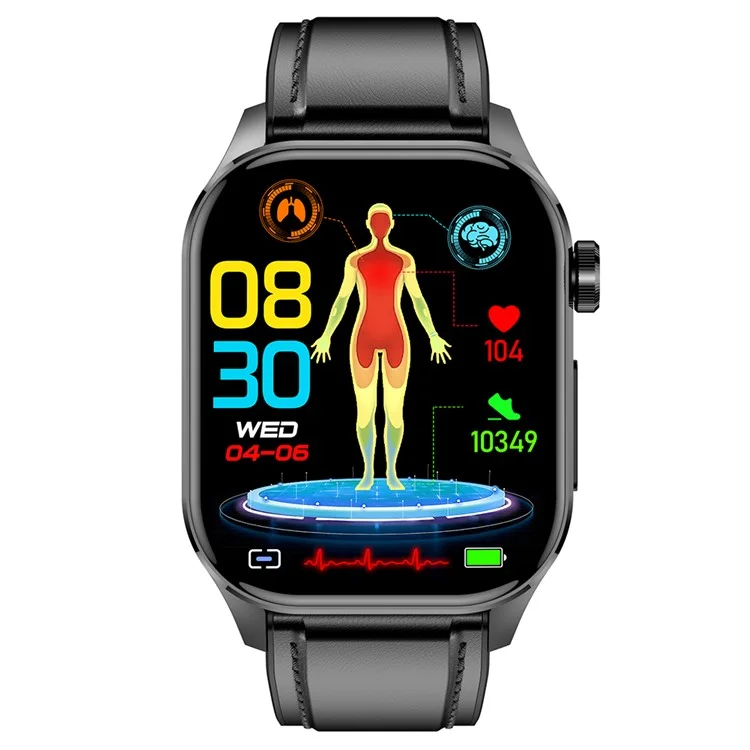 ET580 2.04" AMOLED Smart Watch Bluetooth Call ECG Health Bracelet, Lederarmband - Schwarz