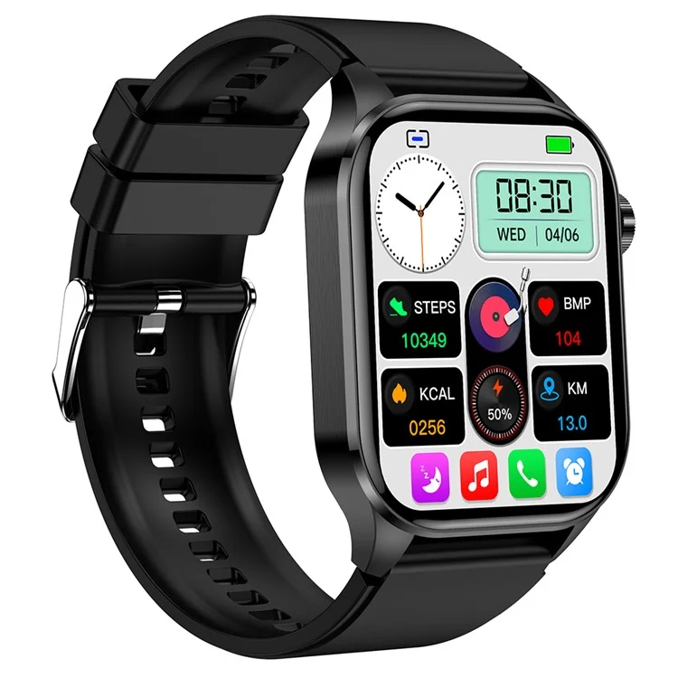 Montre connectée de suivi de la santé avec écran AMOLED de 2,04 pouces, bracelet en silicone - Noir