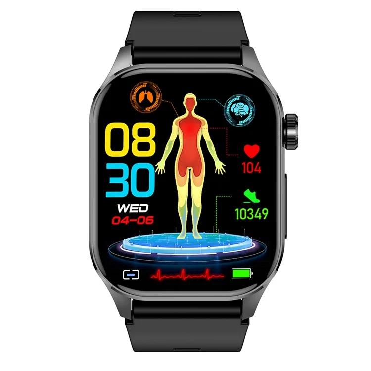Montre connectée de suivi de la santé avec écran AMOLED de 2,04 pouces, bracelet en silicone - Noir