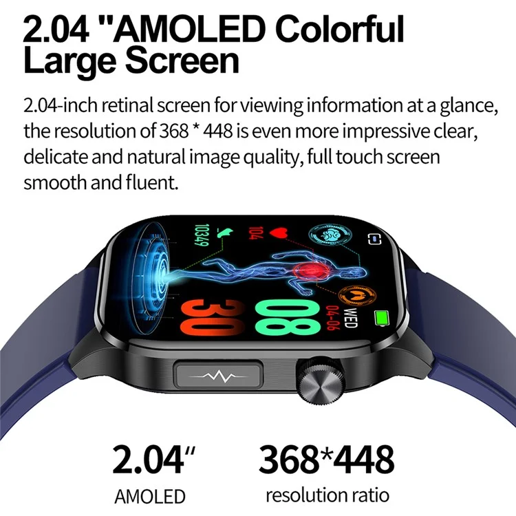 Montre connectée de suivi de la santé avec écran AMOLED de 2,04 pouces, bracelet en silicone - Noir