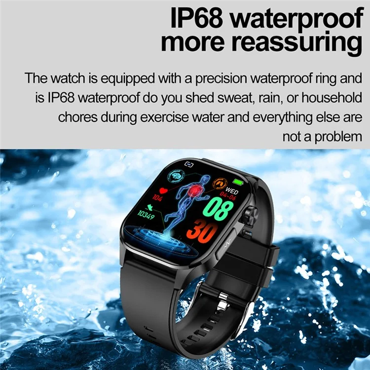 Montre connectée de suivi de la santé avec écran AMOLED de 2,04 pouces, bracelet en silicone - Noir