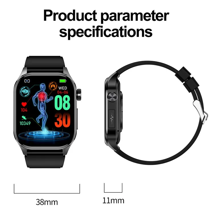Montre connectée de suivi de la santé avec écran AMOLED de 2,04 pouces, bracelet en silicone - Noir