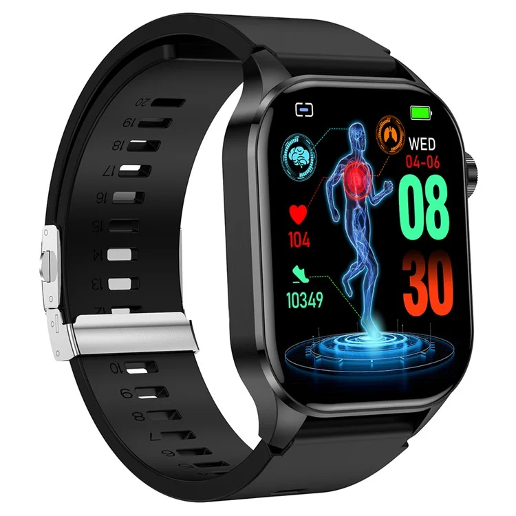 ET580 2.04" ECG Health Monitor Smart Watch, Silikon-Armband+Schmetterlingsspange - Schwarz