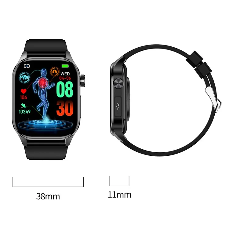 ET580 2.04" ECG Health Monitor Smart Watch, Silikon-Armband+Schmetterlingsspange - Schwarz