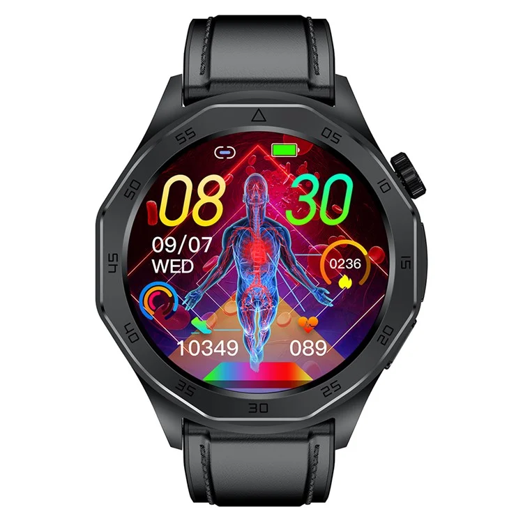 ET480 1.43 "sos Call ECG Health Smart Watch, Correa de Cuero (aplicación: Hband) - Negro