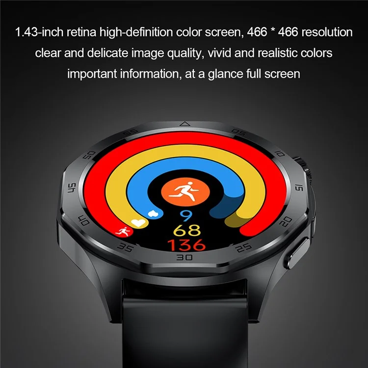 ET480 1.43" Fitness Tracker with ECG Smart Watch, Silicone Strap (APP: Hband) - Black