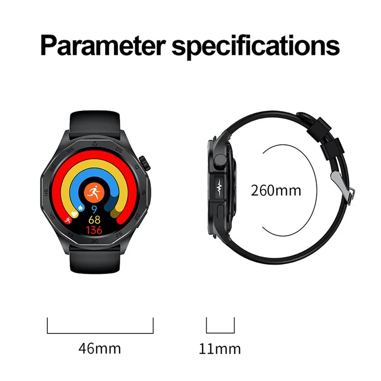ET480 1.43" Fitness Tracker with ECG Smart Watch, Silicone Strap (APP: Hband) - Black