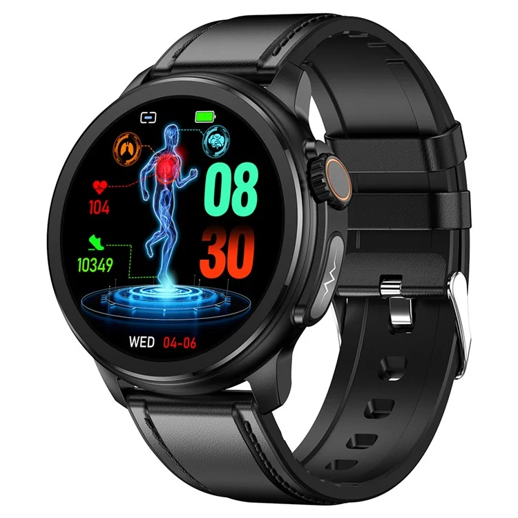 ET481 1.43" AMOLED 100+ Sports Mode SOS Call ECG Smart Watch, Leather Strap - Black