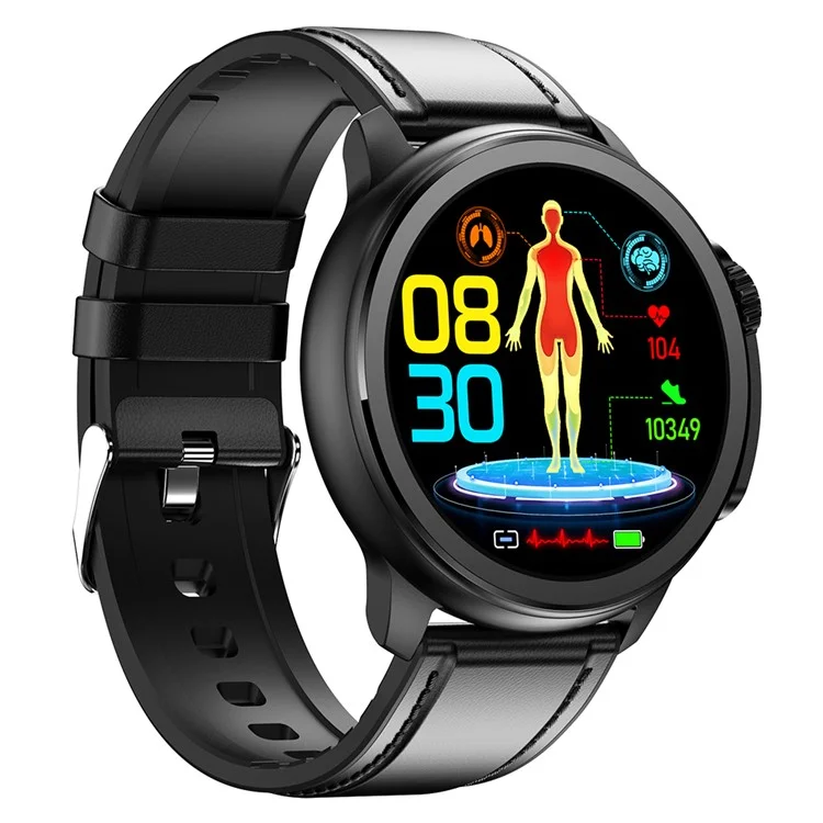 ET481 1.43" AMOLED 100+ Sports Mode SOS Call ECG Smart Watch, Leather Strap - Black