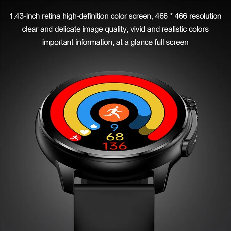 ET481 1.43 "amoled 100+ Modo Deportivo SOS Llama ECG Smart Watch, Correa de Cuero - Negro