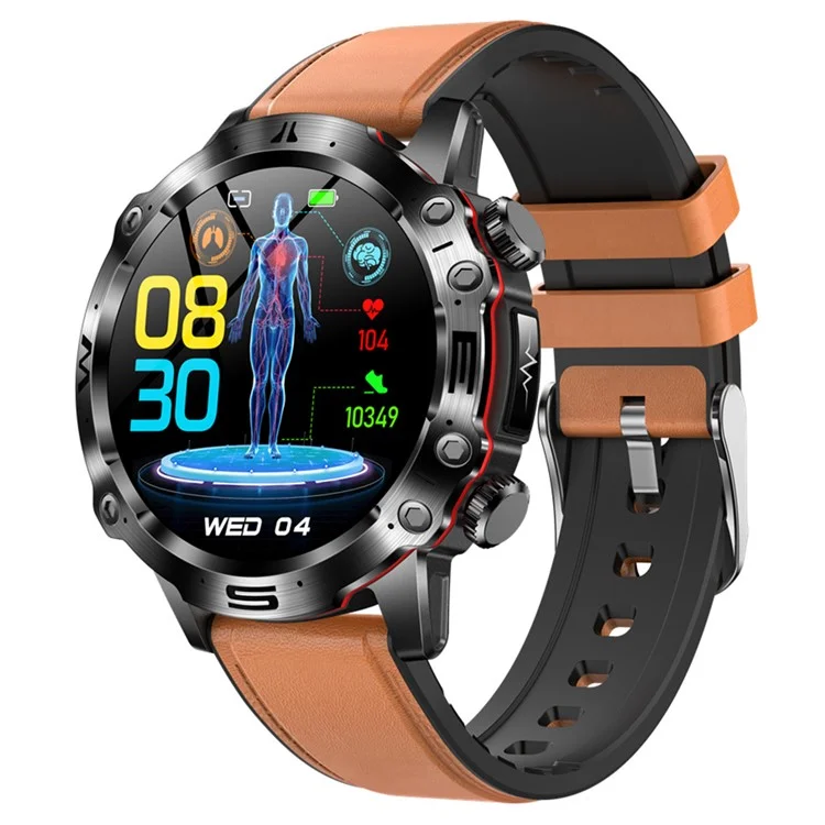 ET482 Sports Smart Watch 1.43" AMOLED Fitness Watch with Bluetooth-compatible Call, ECG, Leather Strap - Brown