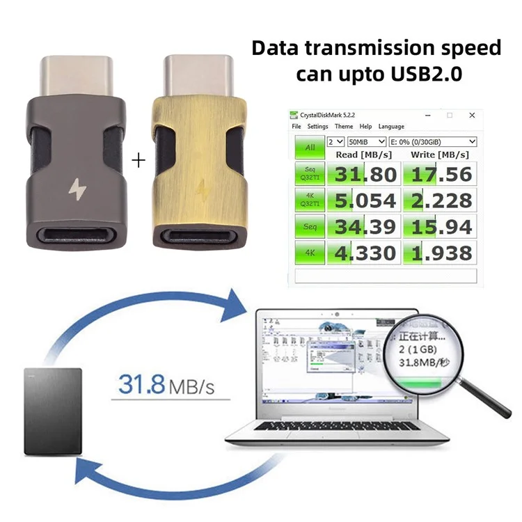 U2-058-LT021 2pcs / Setzen Sie Usb-c-mann Auf 8p Weibliche Adapter 480 Mbit / s Datenübertragung (gold+dunkelgrau)