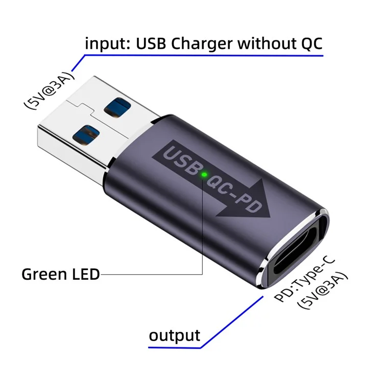 UC-167-QC 2PCS USB 2.0 QC Male to PD Type-C Female Adapter mit LED-Leuchte