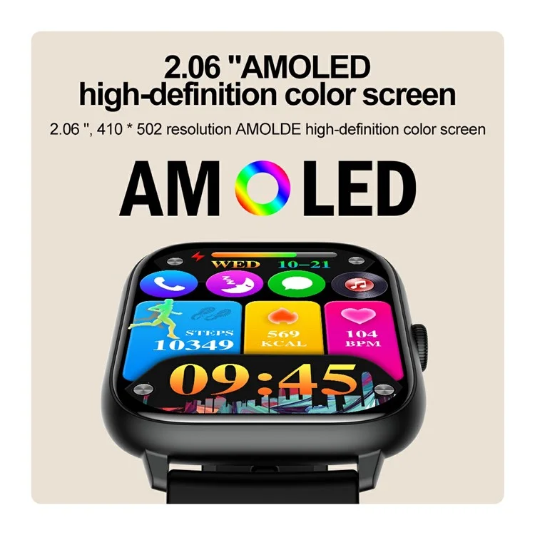 T22 2.06" AMOLED Screen Smart Watch with Bluetooth-compatible Calling, Encoder, Multi-Mode Sports - Black