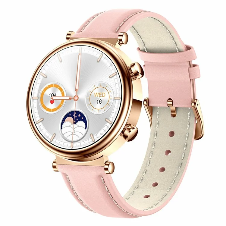 T86 1.27-Inch HD Round Screen Smart Watch Bluetooth Calling Heart Rate Sports Bracelet for Women, Leather Strap Edition - Gold