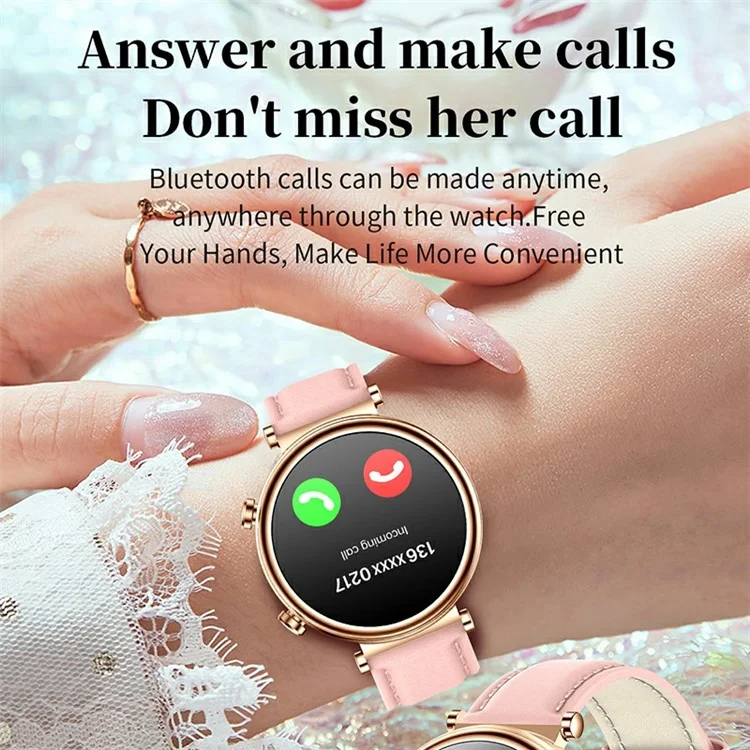 Relógio Inteligente Redondo Smart Watch T86 de 1,27 Polegadas HD com Bluetooth, Chamada, Frequência Cardíaca e Pulseira Esportiva para Mulheres, Edição com Pulseira de Couro - Dourado