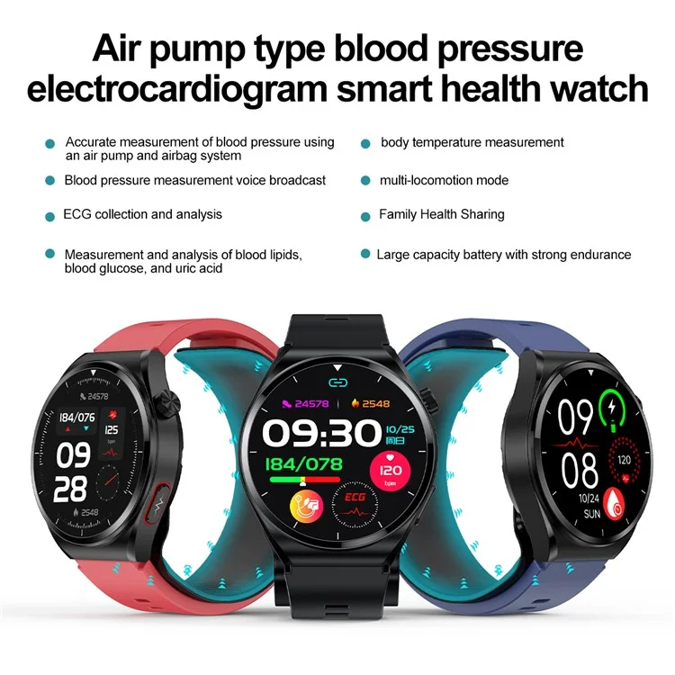 S22 Smart Watch Air Pump Type Blood Glucose Monitor Activity Fitness Tracker - Blue