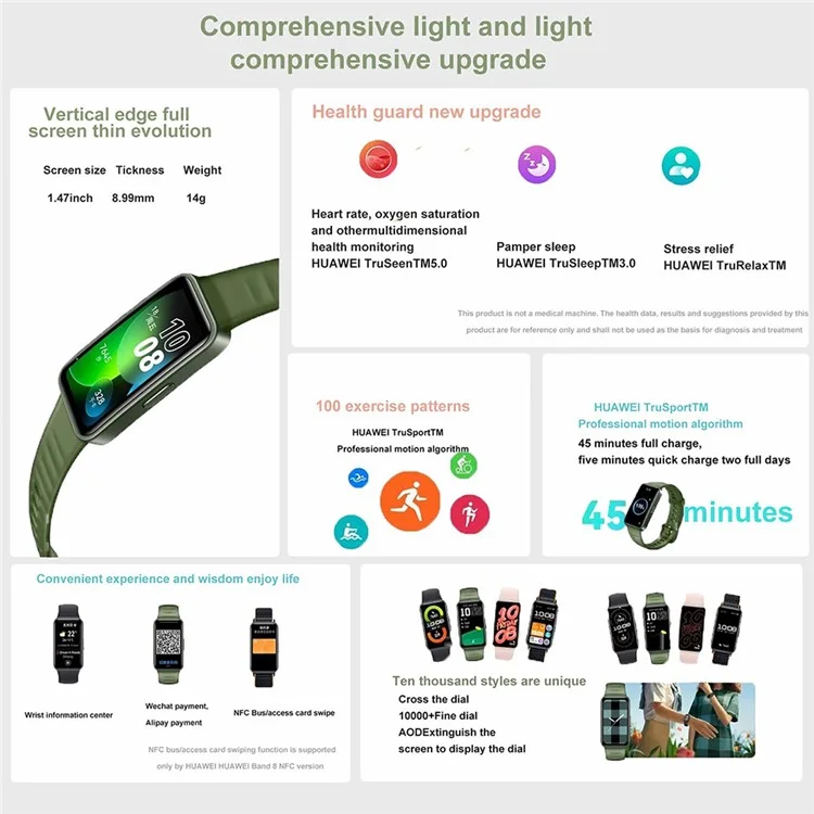 HUAWEI Band 8 1,47-Zoll AMOLED-Bildschirm Smartwatch Wasserdicht Gesundheitsmonitor Armband - Schwarz