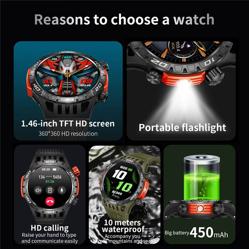 HT22 1.46-inch Round Smart Watch Waterproof Bluetooth-compatible Calling Sports Watch - Black+Green