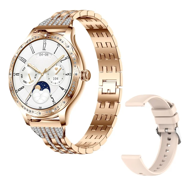 Correa de Acero de Acero AK60 + Correa de Silicona Para Mujeres Smart Watch Watch Health Monitoreo Bluetooth Llamando Brazalete Inteligente - Oro