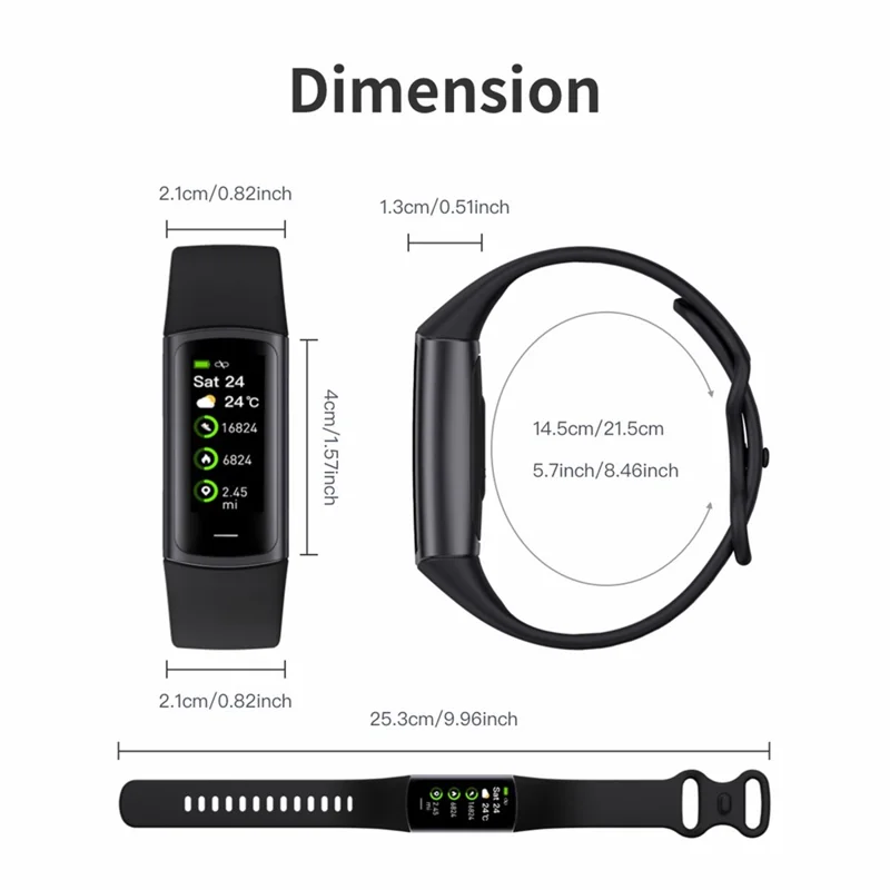 C68 1.1" Slim Fitness Tracker Bracelet Watch with Heart Rate Health Monitoring  - Black