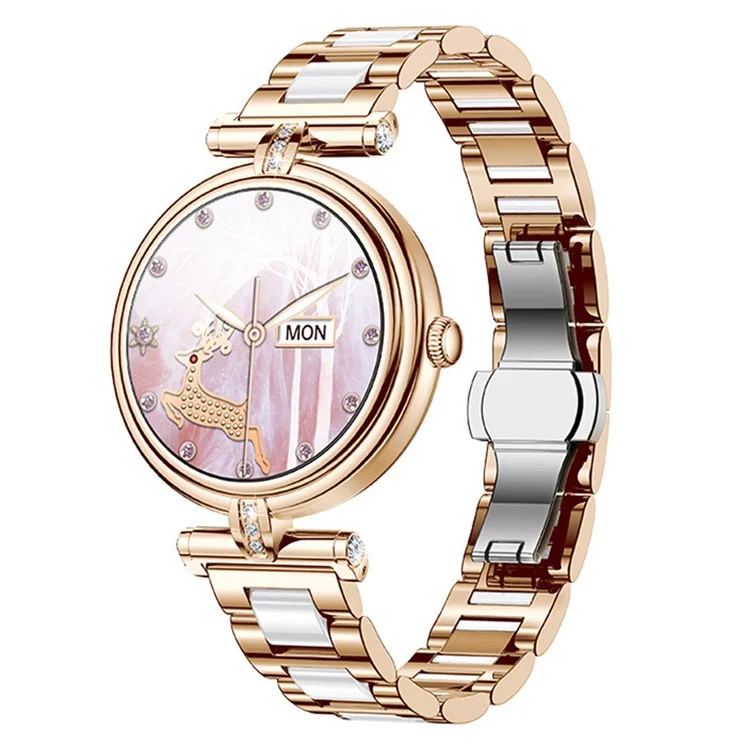 AK62 1.09-inch Round Screen Bluetooth-compatible Call Women Heart Rate Smart Watch, Steel Strap - Gold