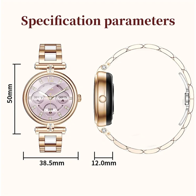 AK62 1.09-inch Round Screen Bluetooth Call Women Heart Rate Smart Watch, Steel Strap - Gold