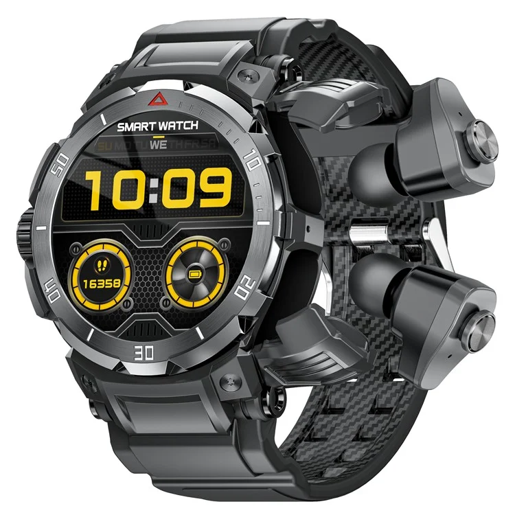 GT100pro 2-en-1 Montre connectée de surveillance de la santé à écran de 1,46 pouce avec écouteurs Bluetooth TWS - Noir
