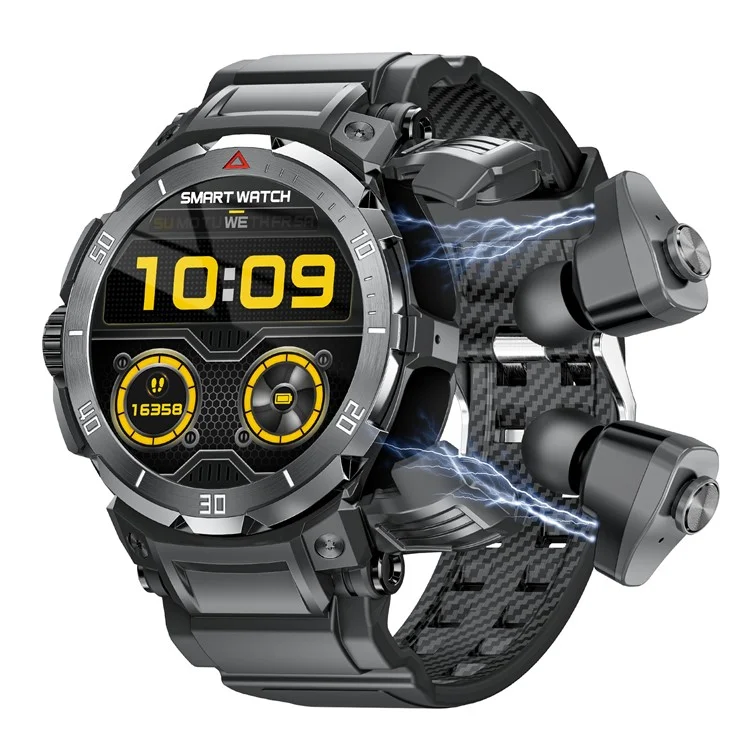 GT100pro 2-en-1 Montre connectée de surveillance de la santé à écran de 1,46 pouce avec écouteurs Bluetooth TWS - Noir