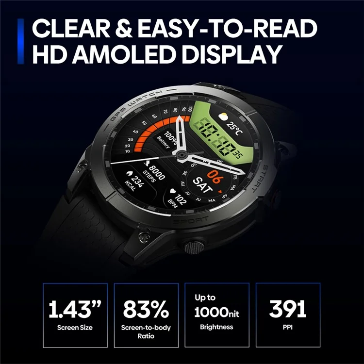 Zeblaze Stratos 3 Pro 1,43-дюймовый Bluetooth Call Monitor Monitor GPS Sports Smart Watch - Черный