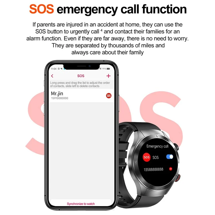 E800 SOS Call D'appel Watch IP68 Bracelet Intelligent de la Santé ECG Imperméable (sangle en Nylon) - Noir