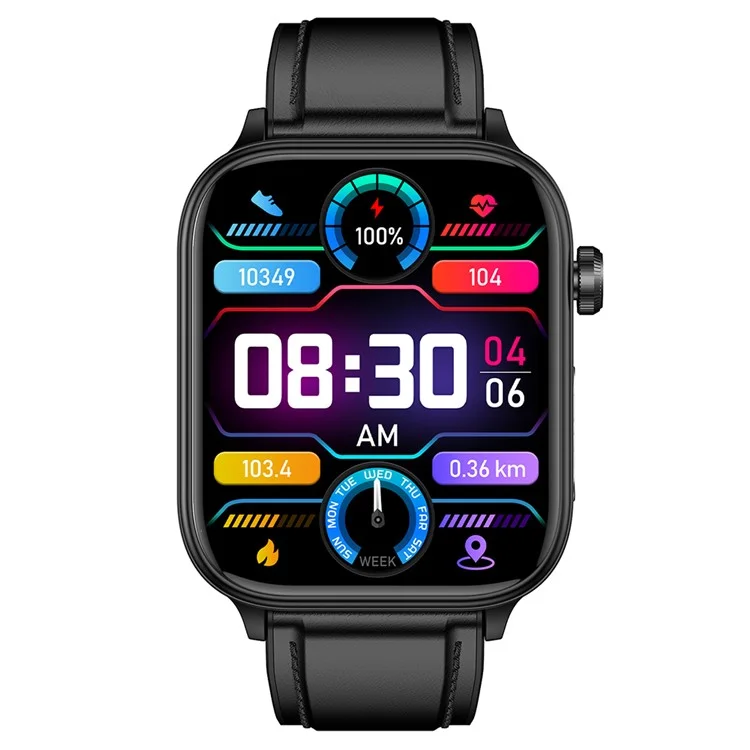 ET570 Smart Watch with Bluetooth-compatible Call, ECG, Body Temperature, Heart Rate, Blood Pressure, Multi-Sport Modes - Leather Strap - Black