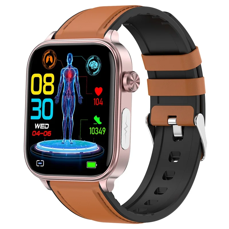 ET570 Smart Watch with Bluetooth-compatible Call, ECG, Body Temperature, Heart Rate, Blood Pressure, Multi-Sport Modes - Leather Strap - Brown
