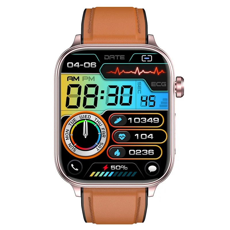 ET570 Smart Watch with Bluetooth-compatible Call, ECG, Body Temperature, Heart Rate, Blood Pressure, Multi-Sport Modes - Leather Strap - Brown