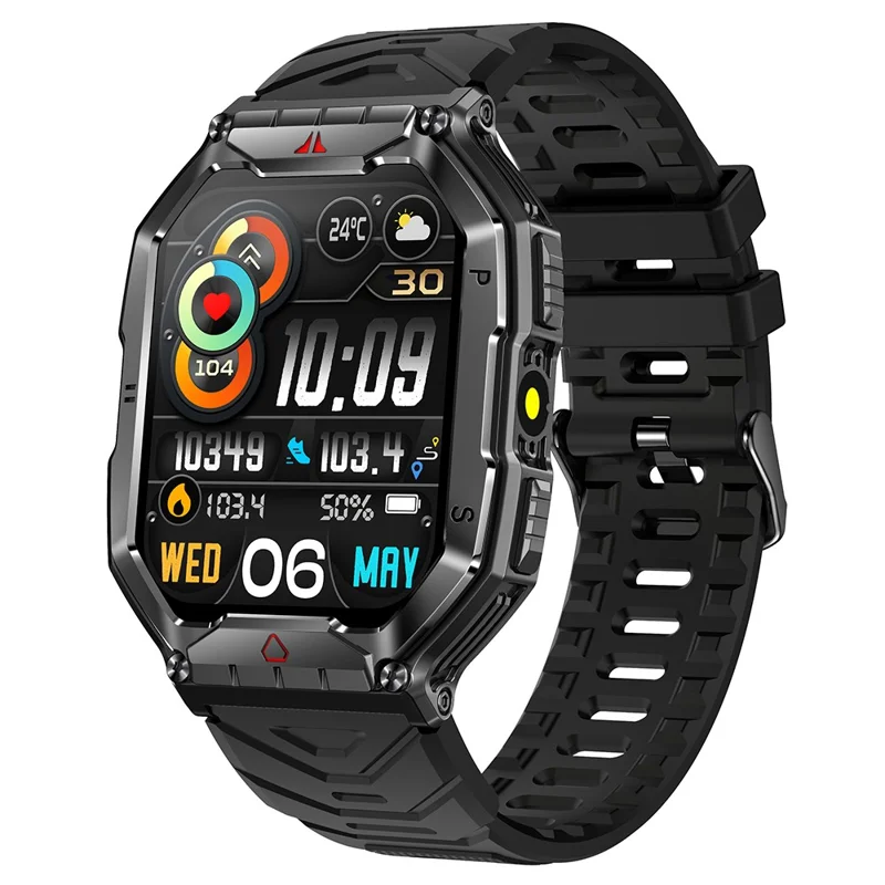 KR82 vattentät herrarmband med ficklampa 2,1 tum skärm smartklocka för utomhusbruk - Svart