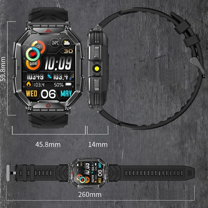 KR82 vattentät herrarmband med ficklampa 2,1 tum skärm smartklocka för utomhusbruk - Svart