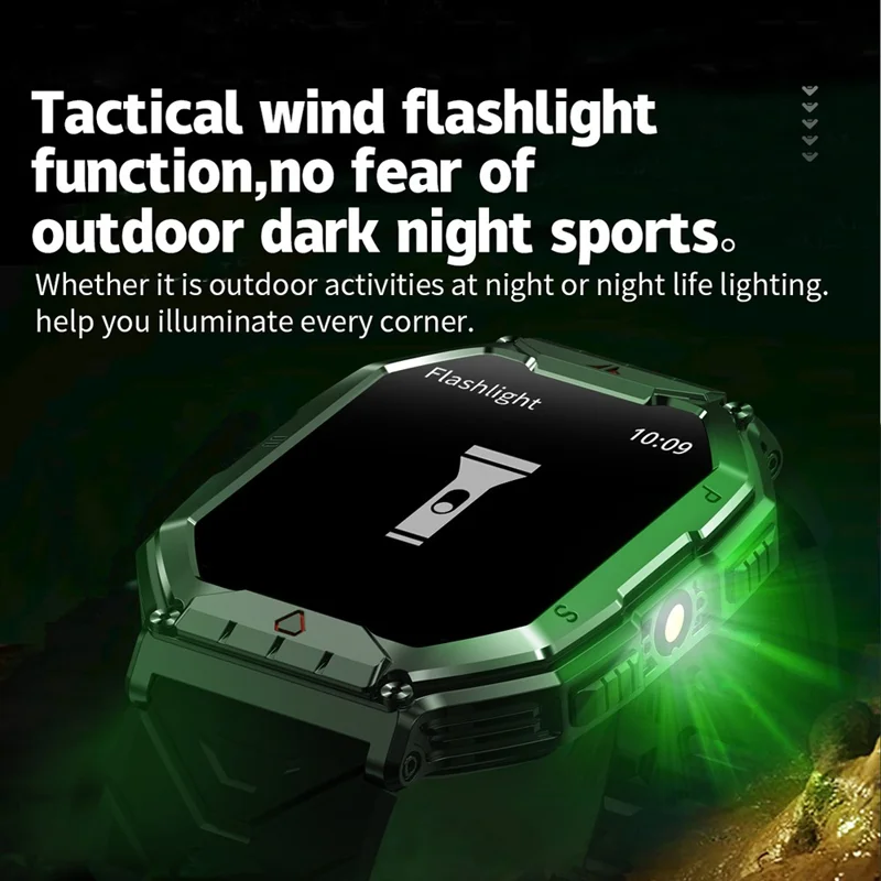 KR82 vattentät herrarmband med ficklampa 2,1 tum skärm smartklocka för utomhusbruk - Svart