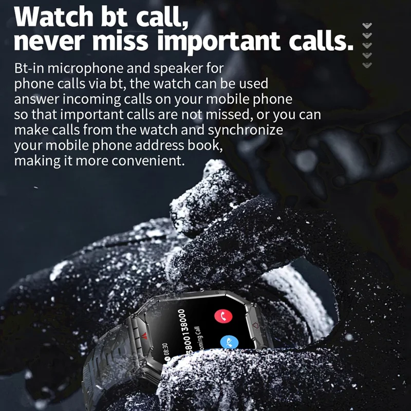 KR82 vattentät herrarmband med ficklampa 2,1 tum skärm smartklocka för utomhusbruk - Svart