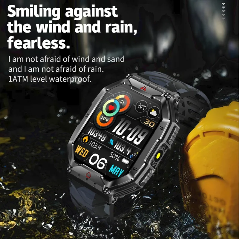 KR82 vattentät herrarmband med ficklampa 2,1 tum skärm smartklocka för utomhusbruk - Svart