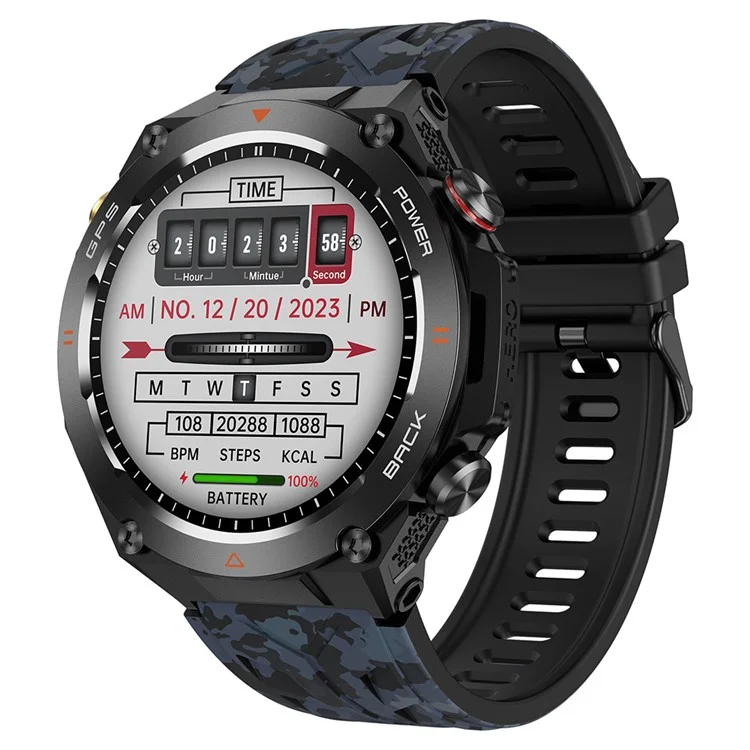 KC82 Höhenmesser Luftdruckkompass Funktion Herren Smart Watch Wasserdicht Bluetooth Anruf GPS Outdoor-Sportwatch - Schwarzer Tarnmuster 