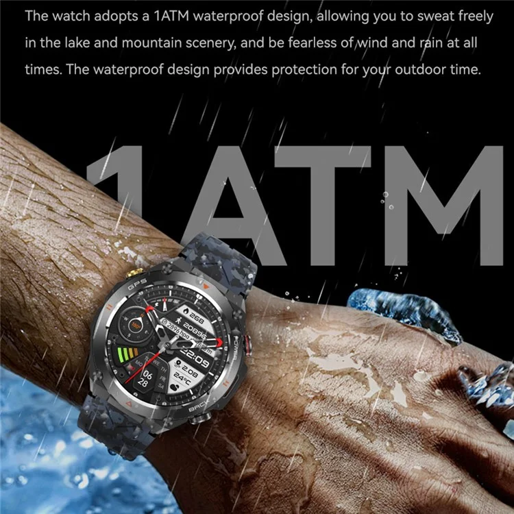 KC82 Höhenmesser Luftdruckkompass Funktion Herren Smart Watch Wasserdicht Bluetooth Anruf GPS Outdoor-Sportwatch - Schwarzer Tarnmuster 