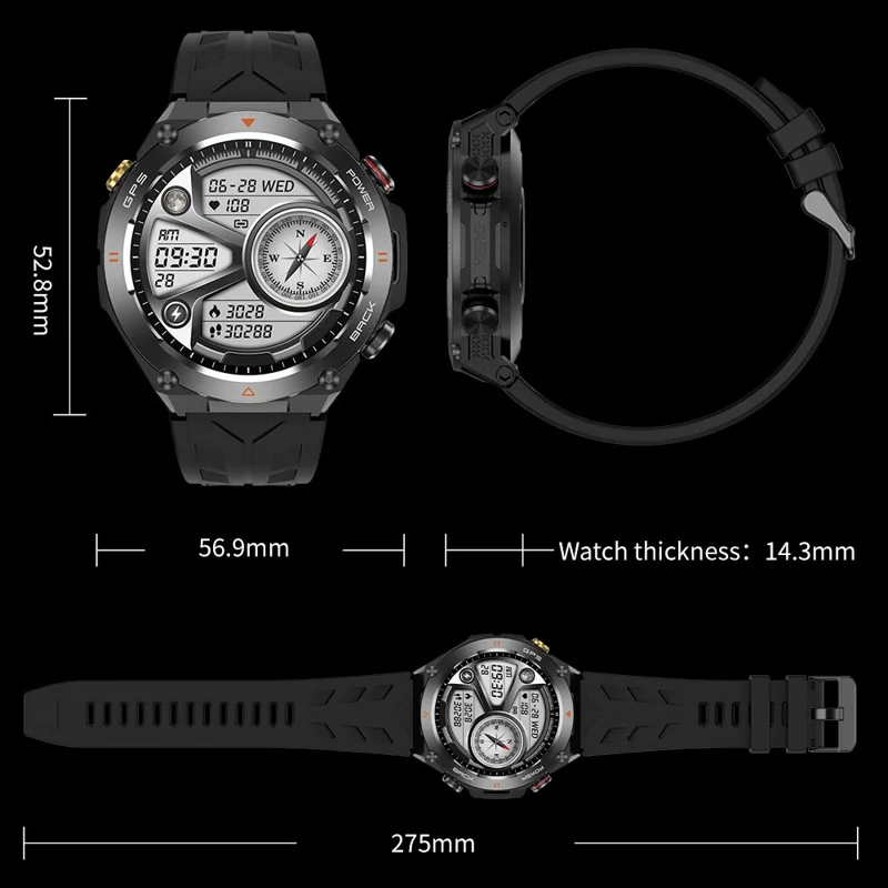 KC82 Altitude Air Pressure Compass Function Men Smart Watch Waterproof Bluetooth-compatible Call GPS Outdoor Sports Watch - Black