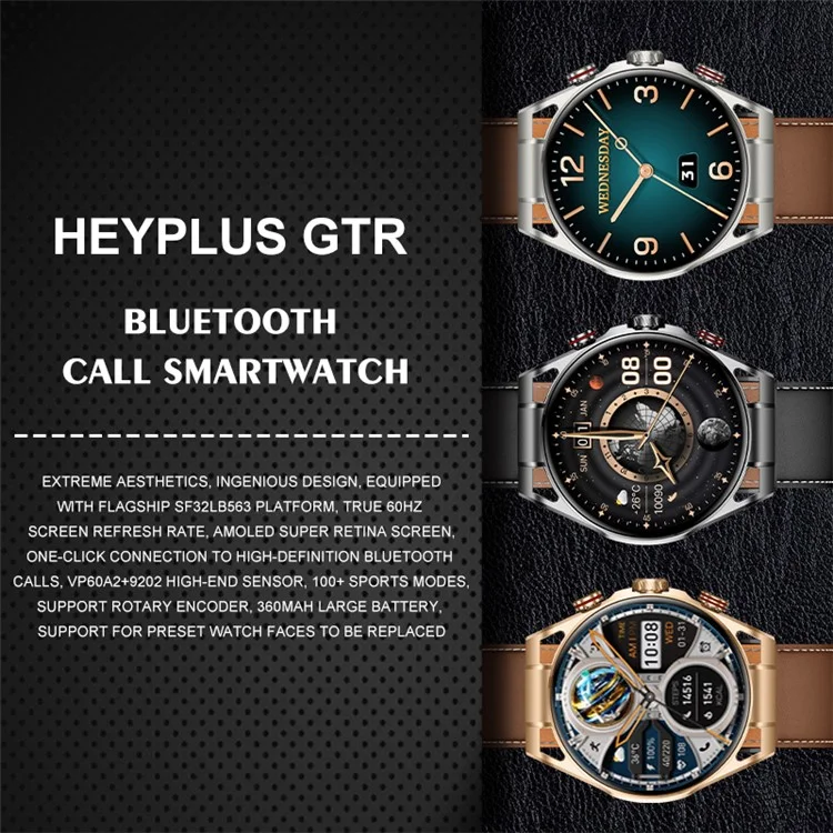 HEYPLUS GTR Bluetooth-compatible Call Smart Watch 1.6 Inch AMOLED Round Screen Fitness Tracker - Black