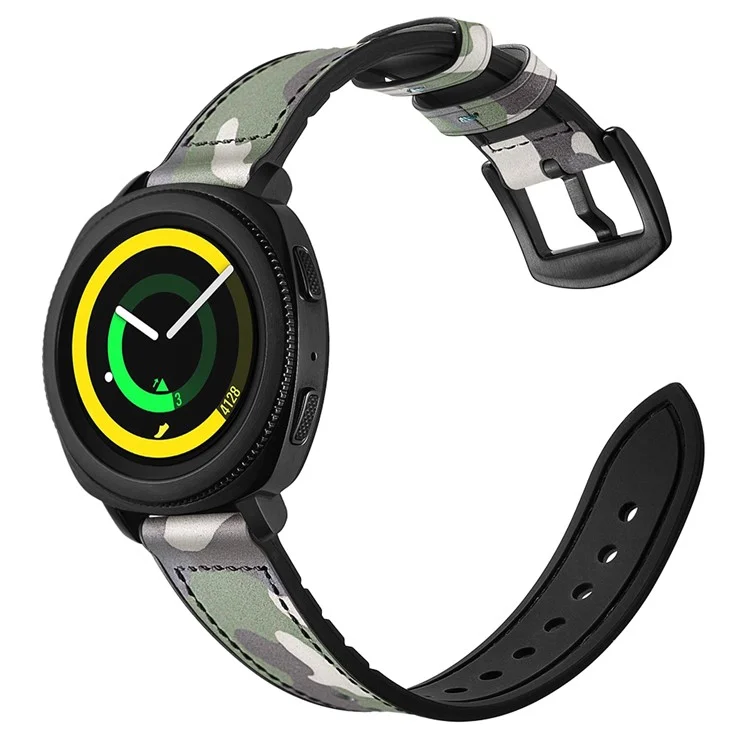 For Samsung Gear Sport (S4) Silicone Cowhide Leather Watch Strap - Green Camouflage